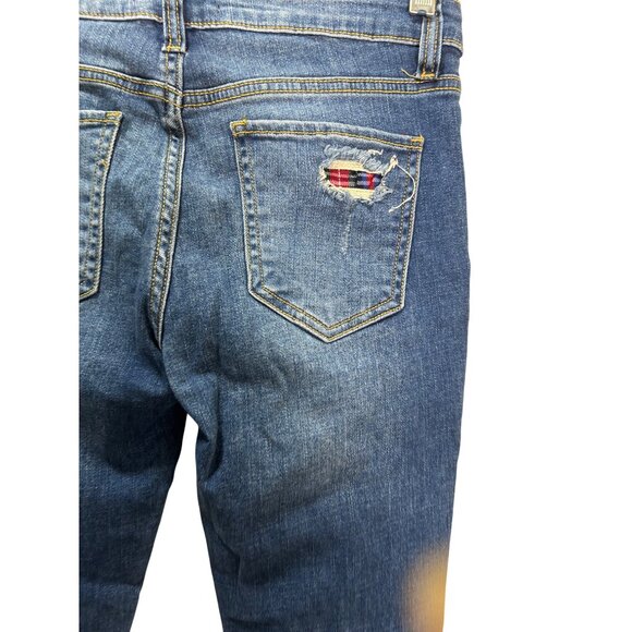 Distressed Plaid Patch Skinny Jeans By Cello Denim Trendsetter Street Style - Picture 8 of 10